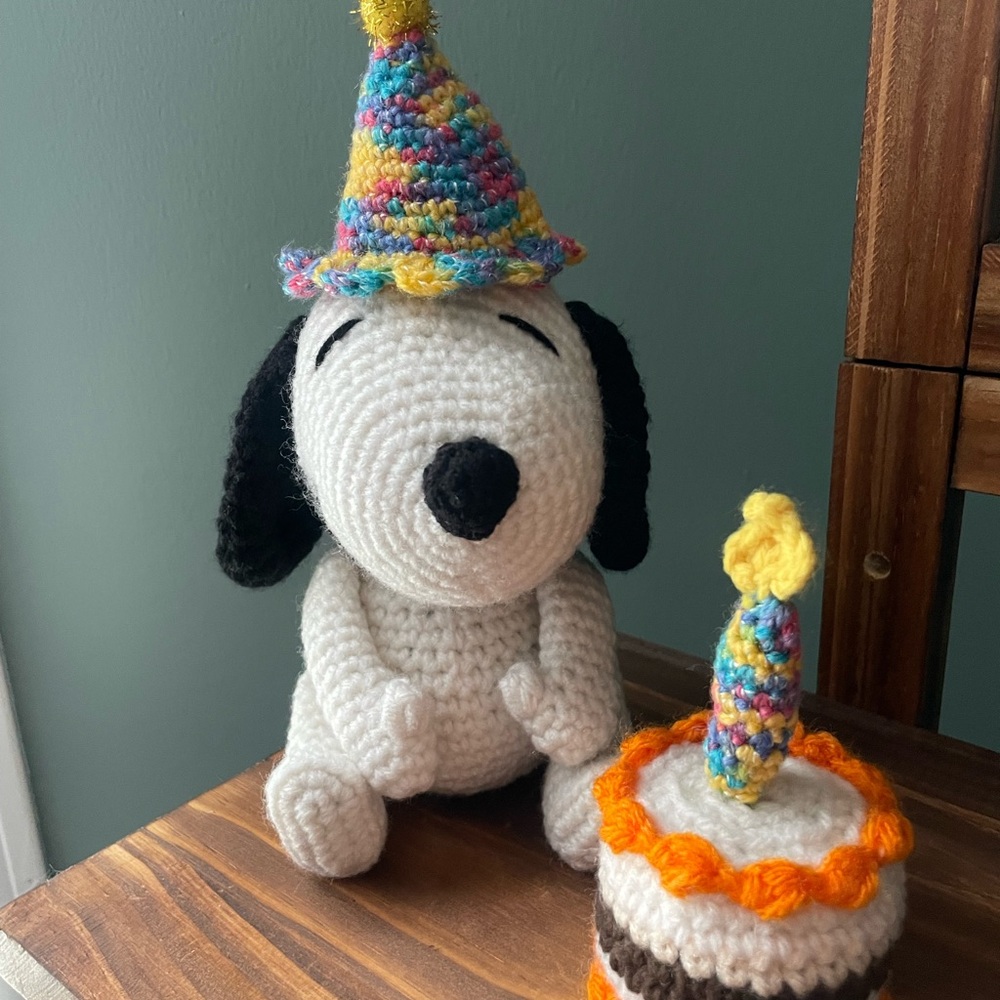 Crocheted Snoopy Stuffed Animal with Birthday Cake